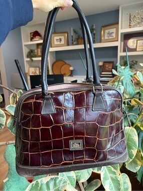 Dooney & Bourke Embossed Crocodile Leather Satchel Brown Dome Top